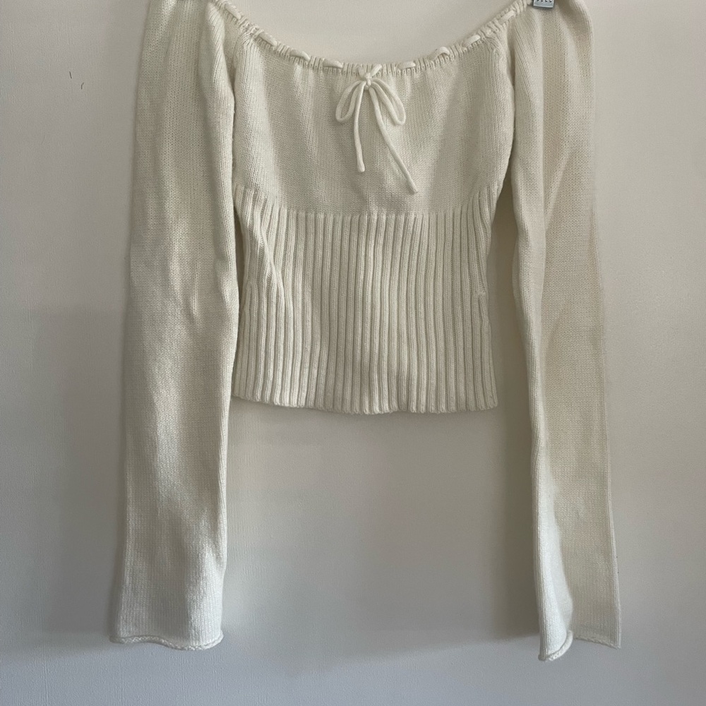 Danielle Guizio Cream Off-the-Shoulder Ribbed Sweater
